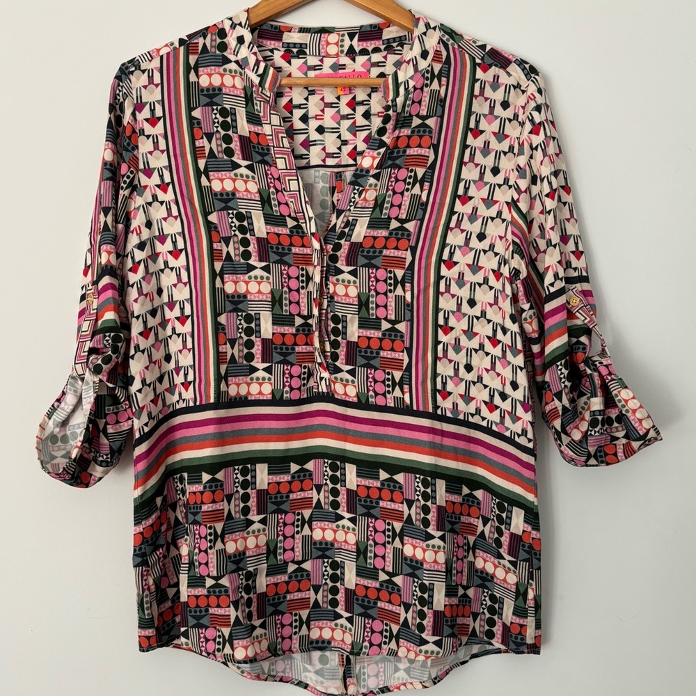 Vilagallo Colorful Art To Wear Tunic Top 42 Geometric Colorful 3/4 Sleeve Artsy